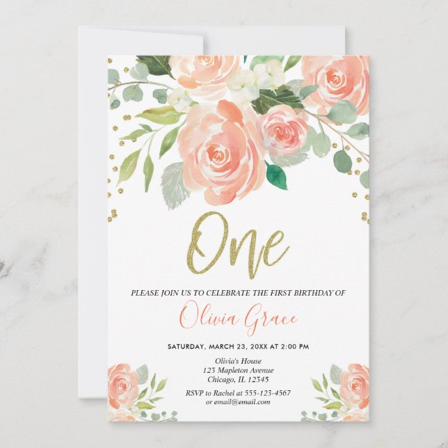 Invitación chica floral coralino del 1r del cumpleaños (Anverso)