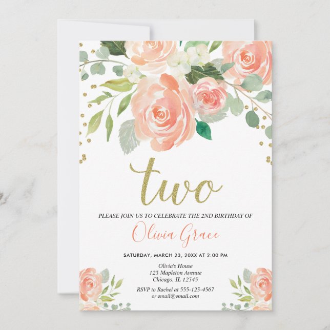 Invitación chica floral coralino del 2do del cumpleaños (Anverso)