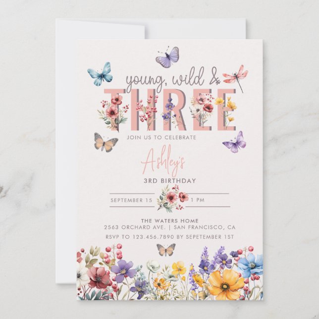 Invitación Chica floral Cumpleaños | 3 cumpleaños (Anverso)