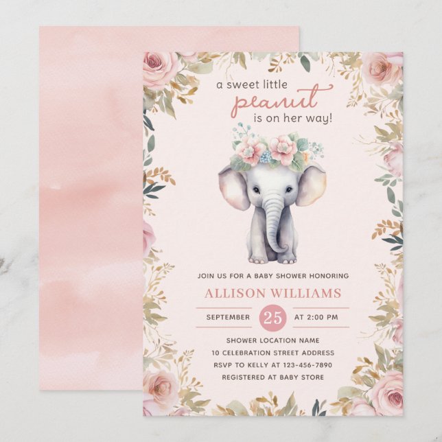 Invitación Chica floral Cute Elephant Watercolor (Anverso / Reverso)