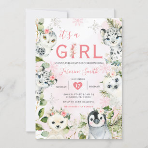Invitación Chica Floral de Animales Árticos de Invierno Baby 