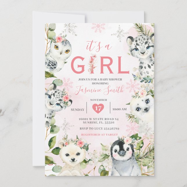 Invitación Chica Floral de Animales Árticos de Invierno Baby  (Anverso)