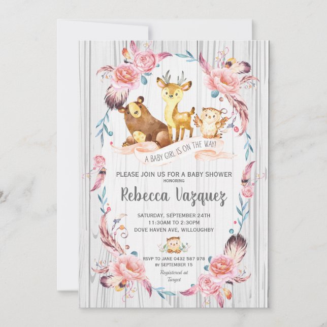 Invitación Chica floral de Baby Shower de los animales del (Anverso)