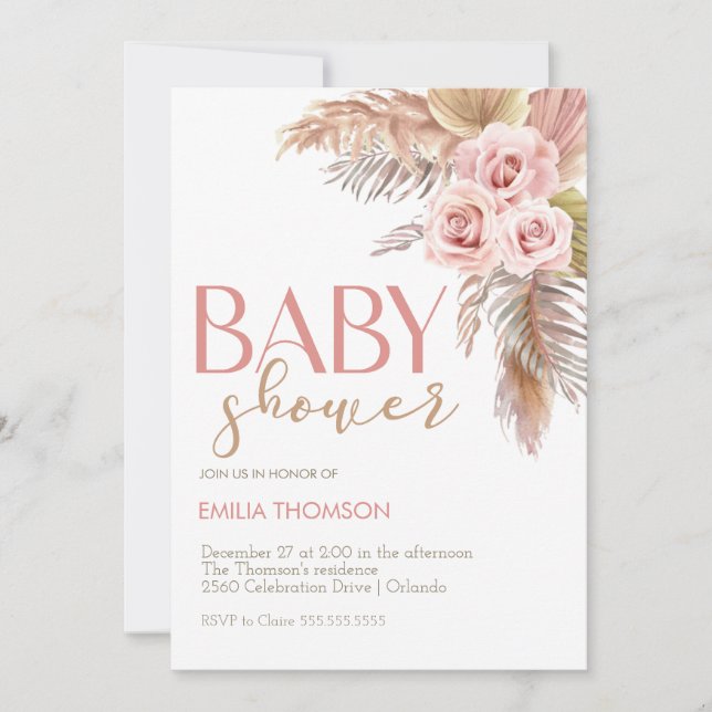 Invitación Chica Floral de Boho Rosa Baby Shower (Anverso)