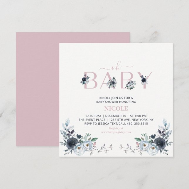 Invitación Chica floral de boho rosa y marina Baby Shower Squ (Anverso / Reverso)