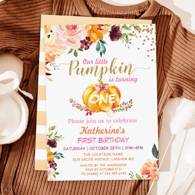 Invitación Chica floral de calabaza de otoño fiesta de cumple (Subido por el creador)
