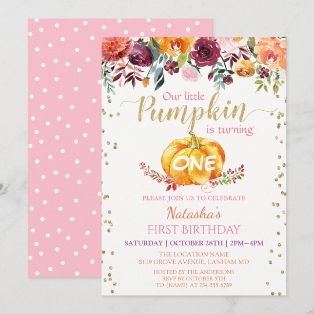 Invitación Chica floral de calabaza pequeña Bebé Primer Fiest (Anverso / Reverso)