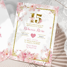 Invitación Chica floral de cerezo rosa dorado Royal 15 Años