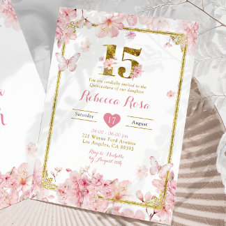 Invitación Chica floral de cerezo rosa dorado Royal 15 Años