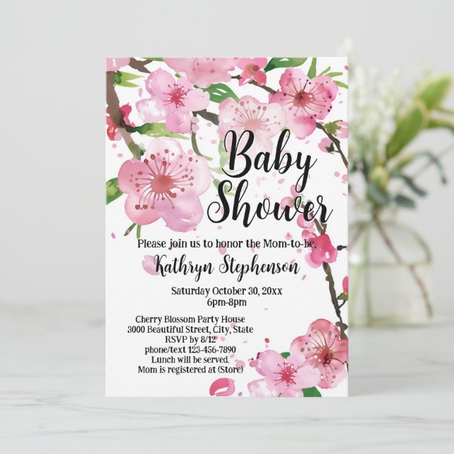 Invitación Chica floral de cerezo rosado Baby Shower (Anverso de pie)