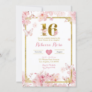 Invitación Chica floral de cerezo rosado dorado dulce 16