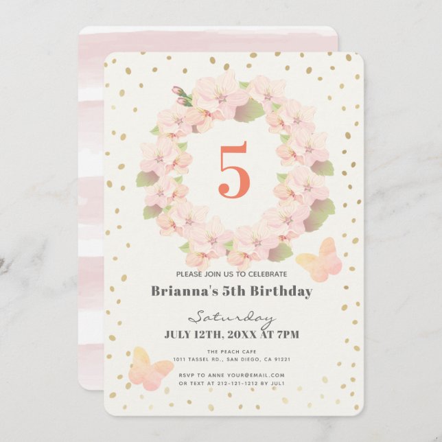 Invitación Chica floral de cerezo rosado y dorado Cumpleaños (Anverso / Reverso)