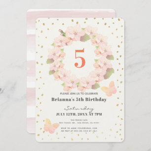 Invitación Chica floral de cerezo rosado y dorado Cumpleaños