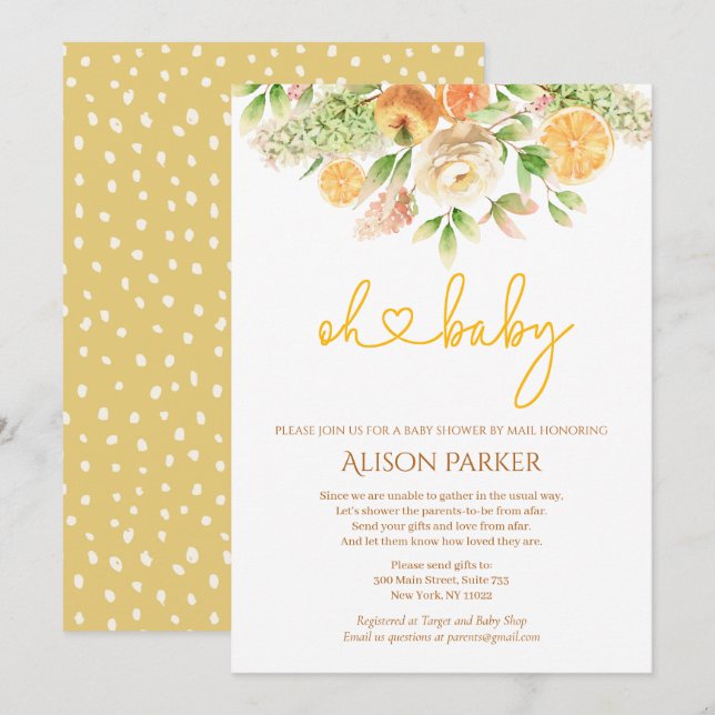 Invitación Chica floral de cítricos amarillo Baby Shower por  (Anverso / Reverso)