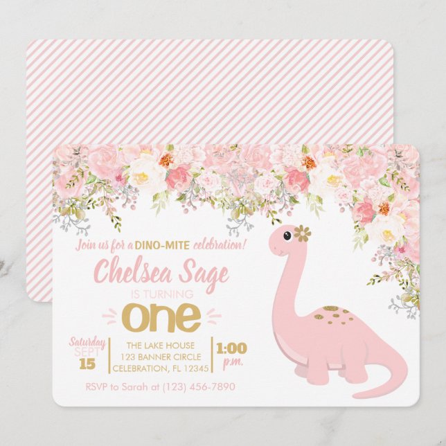 Invitación Chica Floral de dinosaurios rosados y dorados Cump (Anverso / Reverso)