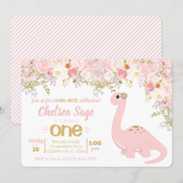 Invitación Chica Floral de dinosaurios rosados y dorados Cump