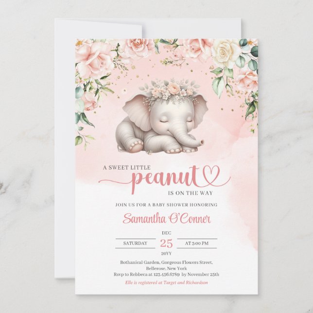 Invitación Chica floral de elefante bebe dormido lindo (Anverso)