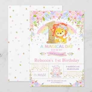 Invitación Chica Floral de la fiesta de cumpleaños del león l