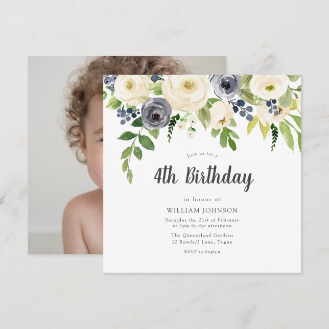 Invitación Chica Floral de la Marina Blanca Foto 4 cumpleaños (Anverso / Reverso)