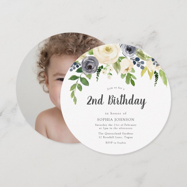 Invitación Chica Floral de la Marina Blanca Foto Segundo Cump (Anverso / Reverso)