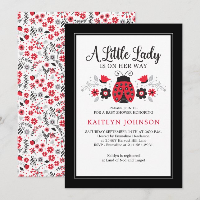 Invitación Chica Floral de Little Lady Ladybug Baby Shower (Anverso / Reverso)