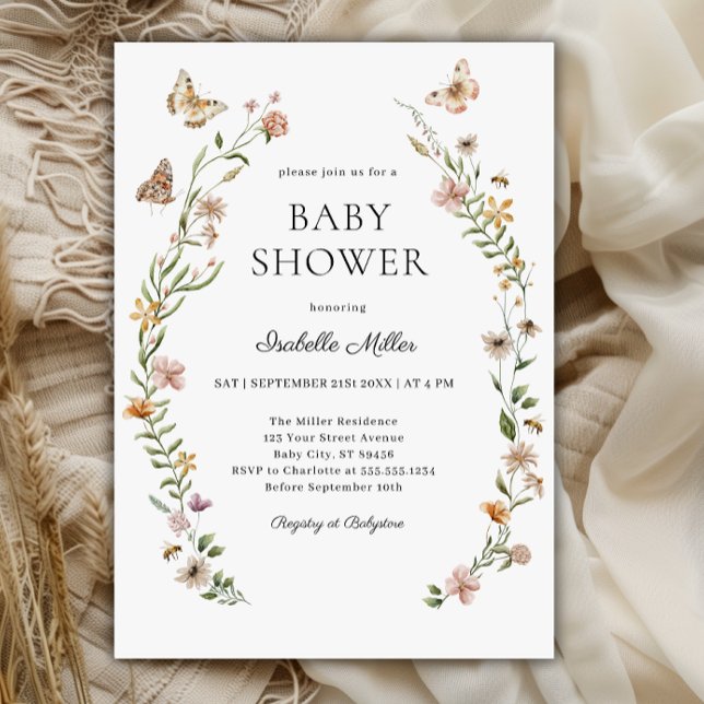Invitación Chica floral de Little Wildflower Baby Shower (Little Wildflower Floral Girl Baby Shower Invitation)