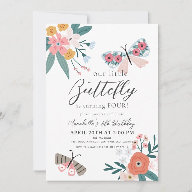 Invitación Chica floral de mariposa pequeña Cumpleaños (Anverso)