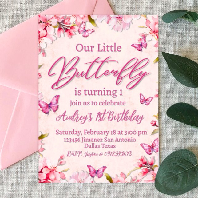 Invitación Chica floral de mariposa rosa Cumpleaños (Pink Butterfly Floral Girl Birthday Invitation)