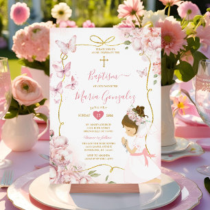 Invitación Chica floral de mariposa rosa orando bautismo de o