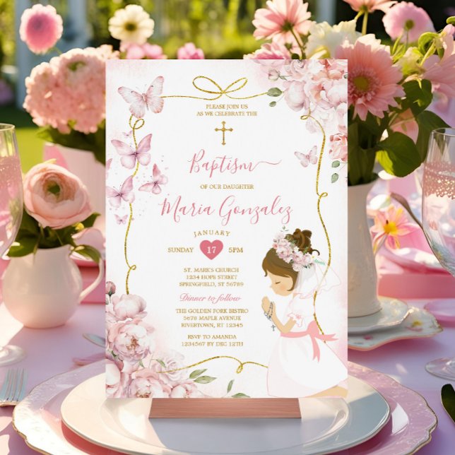 Invitación Chica floral de mariposa rosa orando bautismo de o (Subido por el creador)