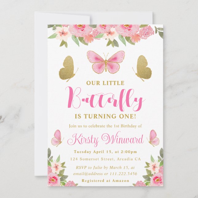 Invitación Chica floral de mariposa rosa y dorada Primer cump (Anverso)