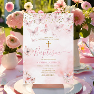 Invitación Chica floral de mariposa rosada bautizo bautismo
