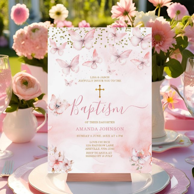 Invitación Chica floral de mariposa rosada bautizo bautismo (Subido por el creador)