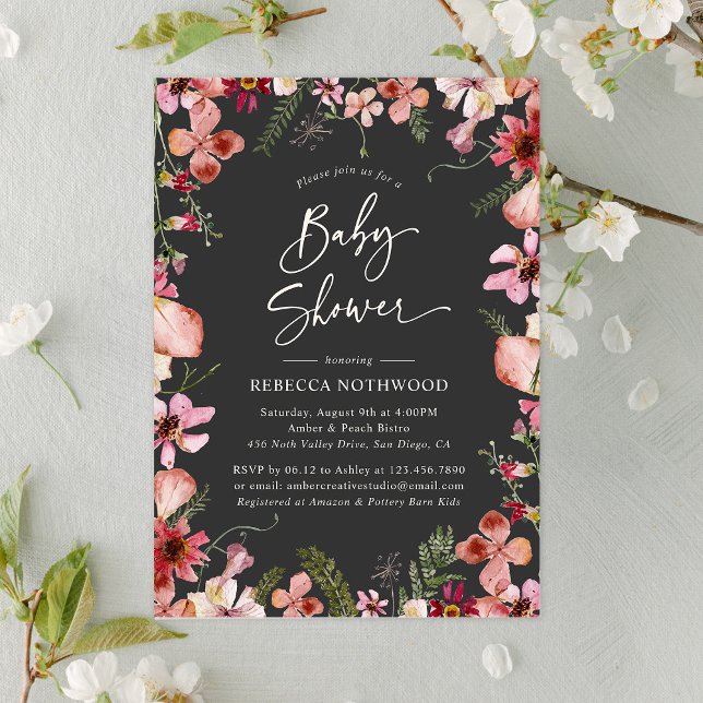 Invitación Chica floral de Moda de Boho oscuro moderno Baby S (Subido por el creador)