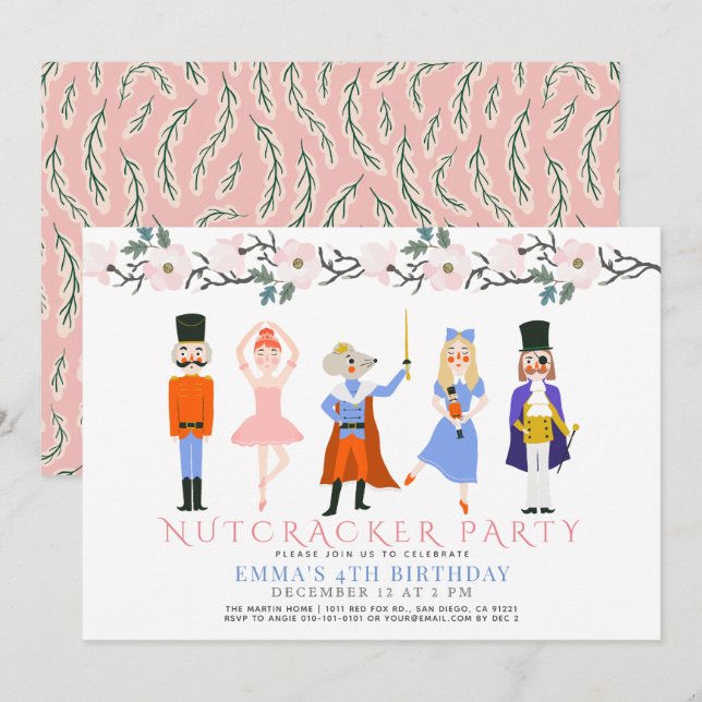Invitación Chica floral de Navidades rosados desnudos Cumplea (Anverso / Reverso)