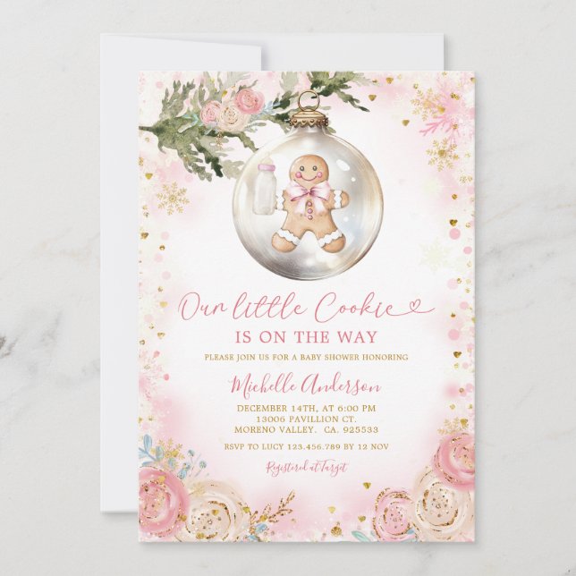 Invitación Chica Floral de Oro Rosa Pequeño Cookie Baby Showe (Anverso)