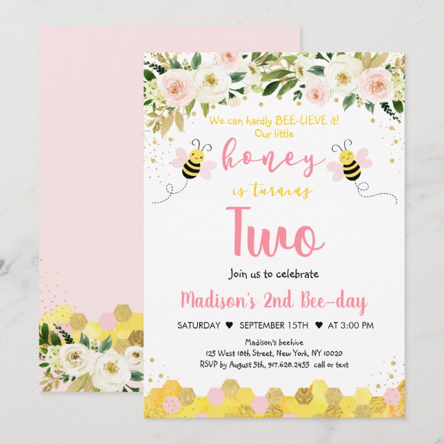 Invitación Chica floral de oro rosado de Bee (Anverso / Reverso)