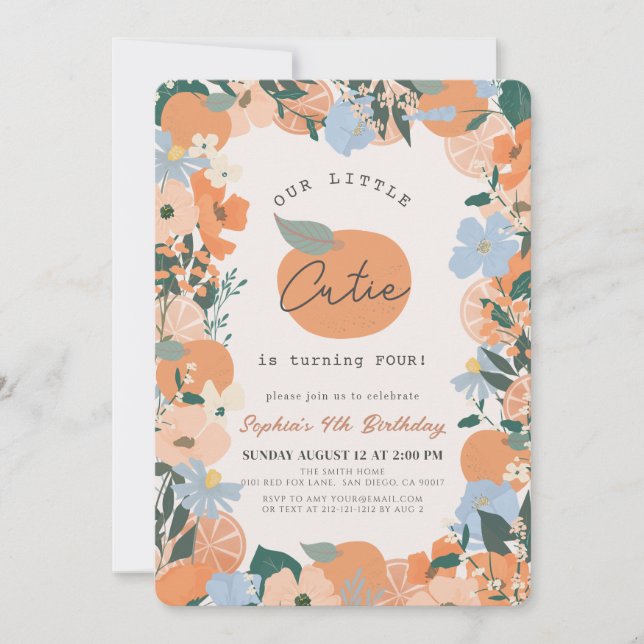 Invitación Chica floral de pequeño Naranja cutie Cumpleaños (Anverso)