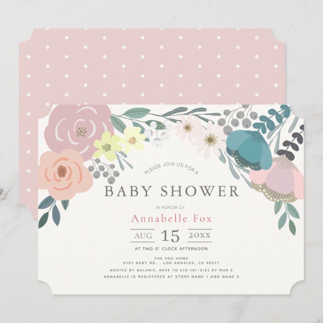 Invitación Chica floral de primavera Baby Shower rosa (Anverso / Reverso)