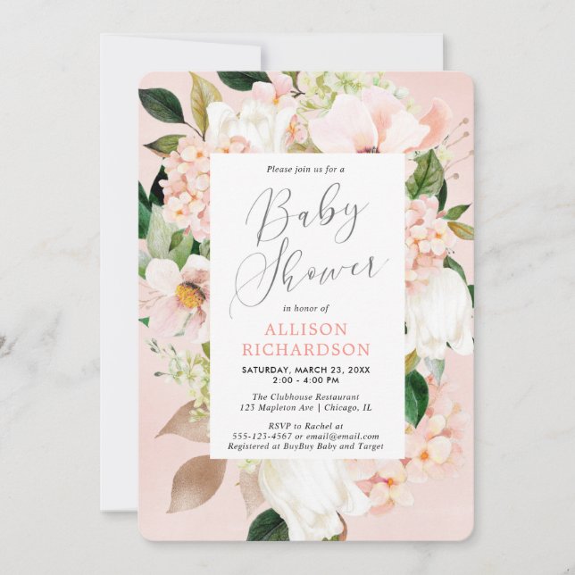 Invitación chica floral de primavera rosa Rubor de bebé (Anverso)