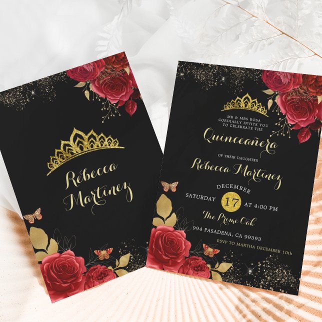 Invitación Chica floral de rosas negras y rojas Mis XV Años (Subido por el creador)
