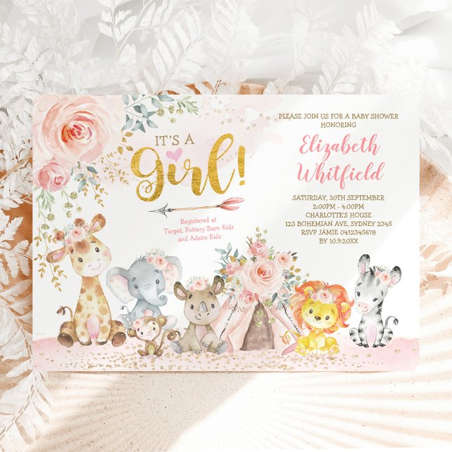 Invitación Chica floral de Rubor Boho Jungle Safari Baby Show (Subido por el creador)