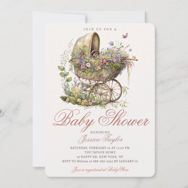 Invitación Chica Floral de Stroller Classic Wicker Baby Showe (Anverso)