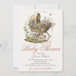 Invitación Chica Floral de Stroller Classic Wicker Baby Showe