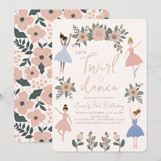 Invitación Chica Floral de Twirl & Dance Ballerina Cumpleaños (Anverso / Reverso)
