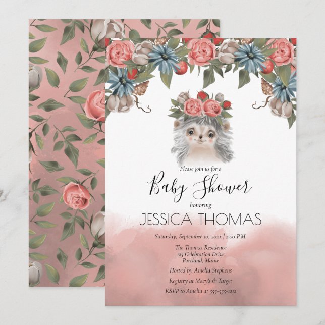 Invitación Chica floral de Woodland Cuteg Baby Shower (Anverso / Reverso)