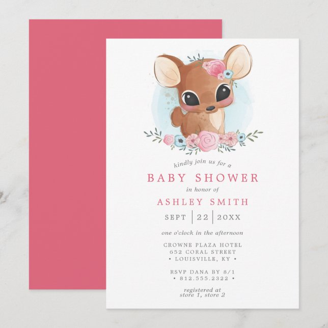 Invitación Chica Floral Deer Cute Woodland Doe Baby Shower (Anverso / Reverso)