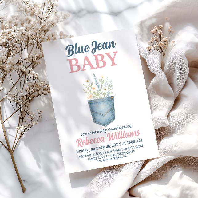 Invitación Chica Floral Denim Pocket Blue Jean Baby Shower (Subido por el creador)