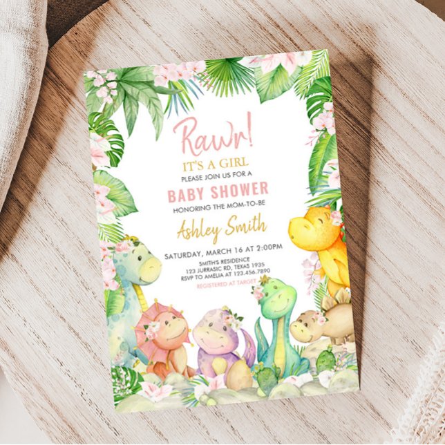 Invitación Chica floral Dinosaur Baby Shower (Greenery Dinosaur Baby Shower Invitation)