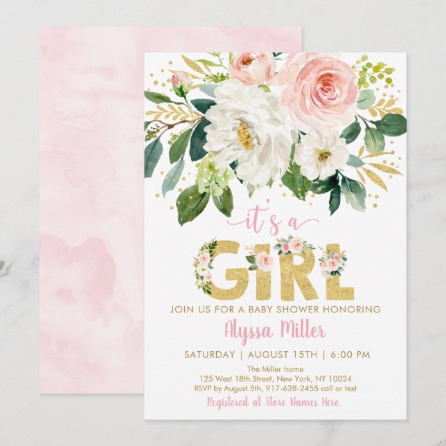Invitación Chica Floral dorado rosado Baby Shower (Anverso / Reverso)